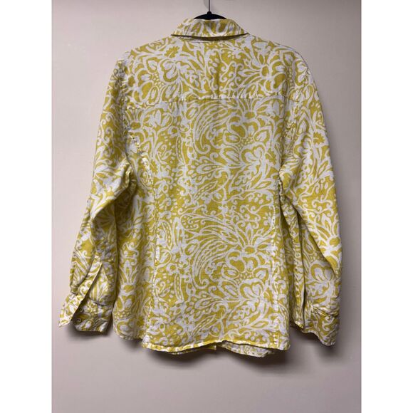 CHARTER CLUB Woman 100% Linen Roll Tab Sleeve Button Up Shirt, Chartreuse/White - Picture 7 of 10